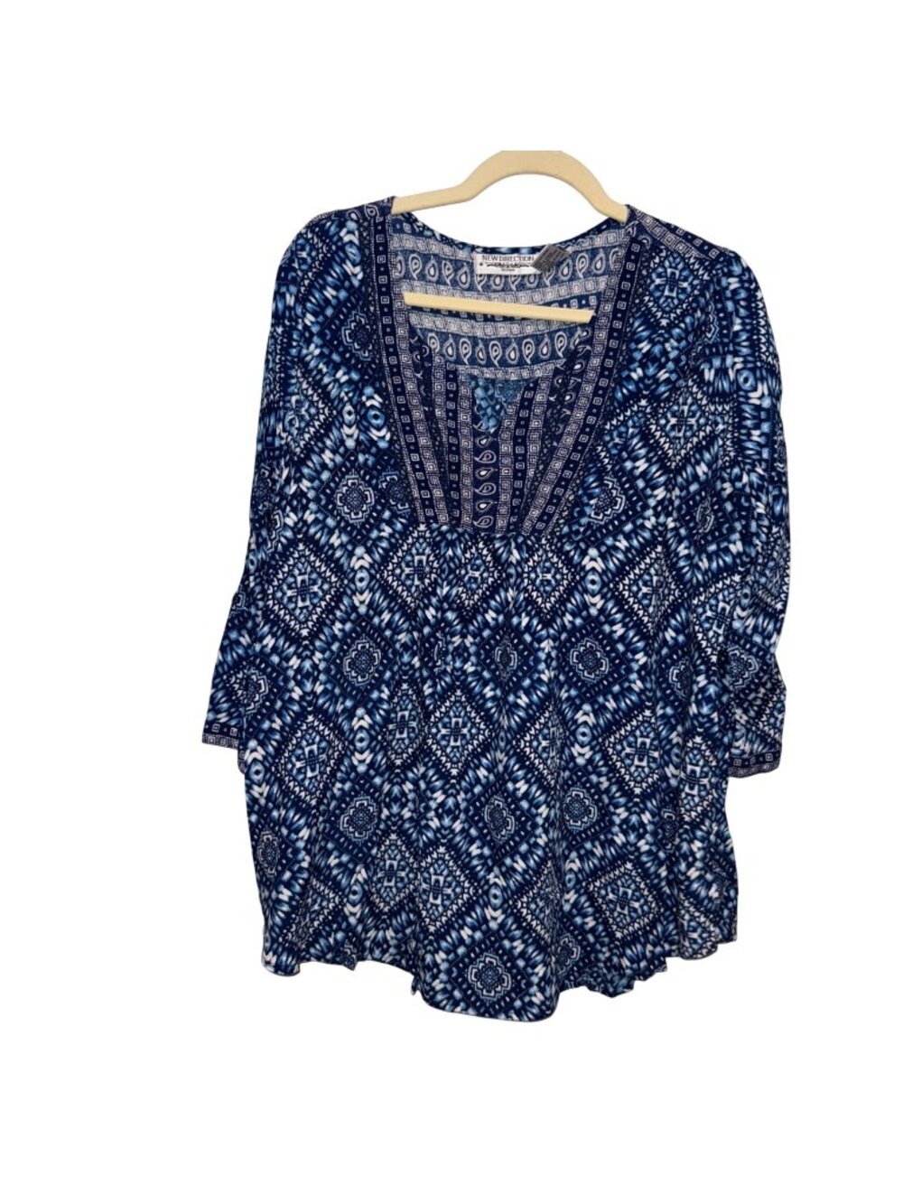 New Directions Womens Blue & White Boho Tunic Top 1X 3/4 Sleeves V-Neck Lightwei